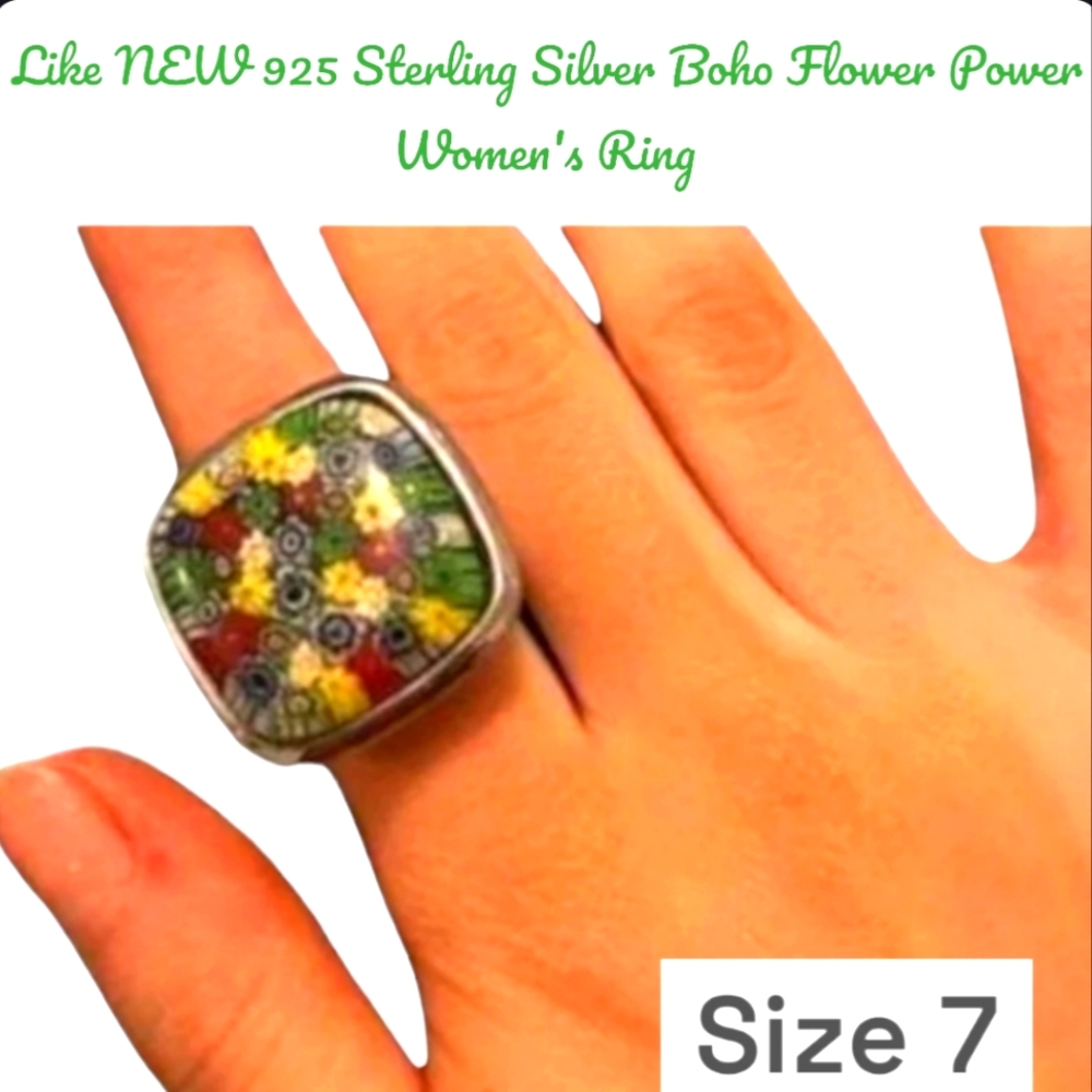 Like NEW Large 925 Sterling Silver Heavy Boho Style Flower Power Women's Ring